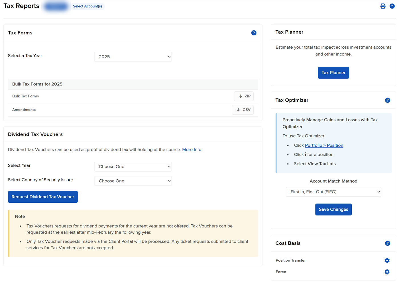 The tax reports page in portal. 